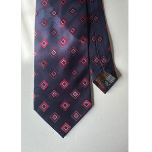 Roberto Villini Collezione‎ Silk Tie Navy Blue Red Geometric Diamond Pattern
